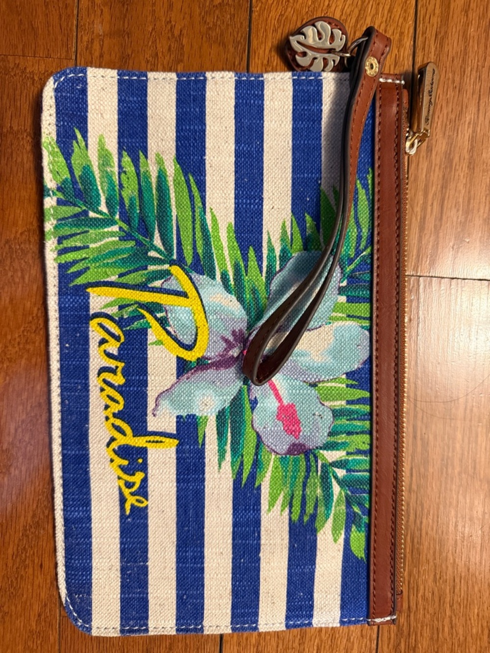 Tommy Bahama Blue White Striped Tropical Floral Wristlet